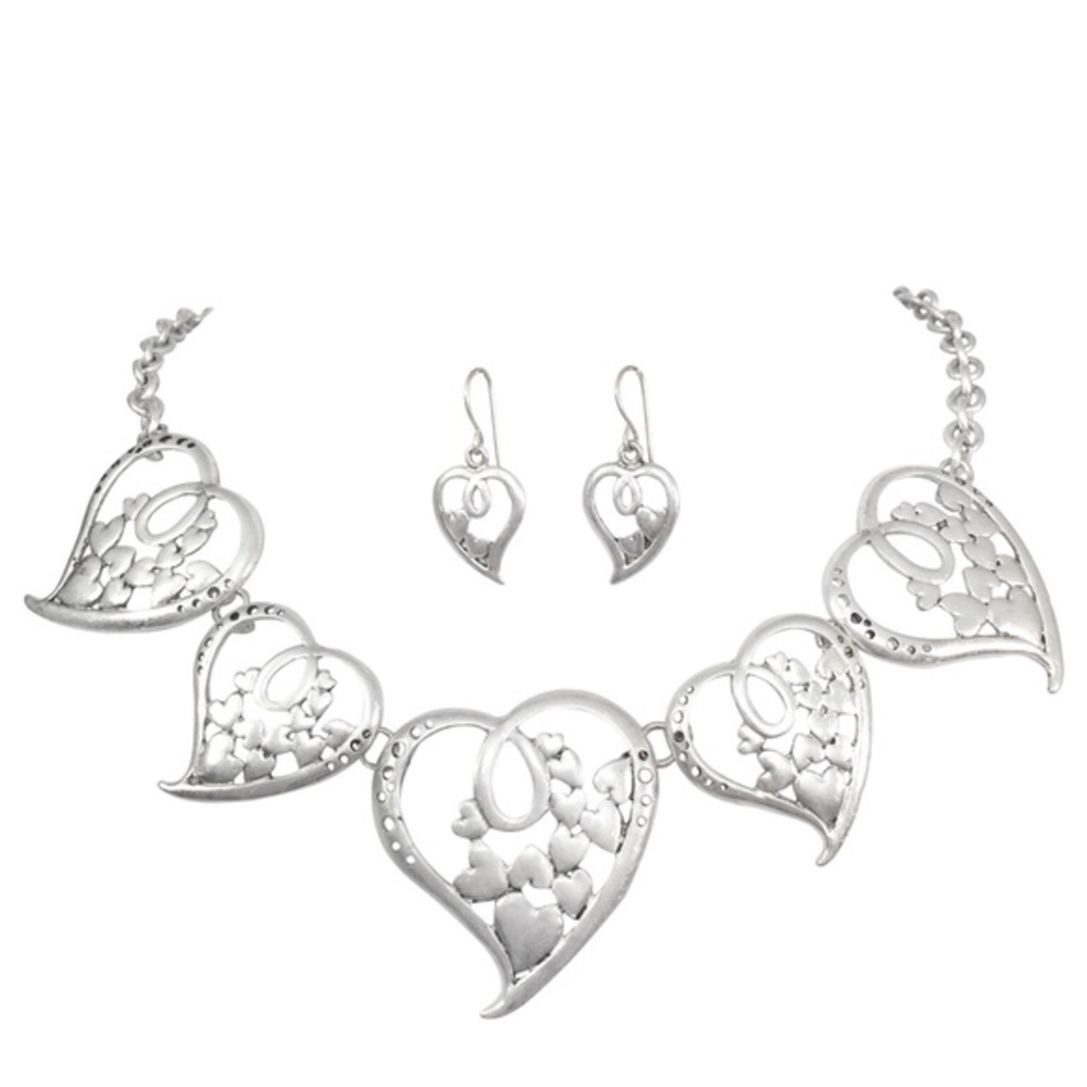 5 Filigree Hearts Silver Necklace Earrings Set